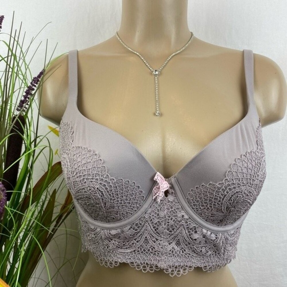 VS Victoria’s Secret Gray‎ Lace BBV Lined Lace Underwire Longline Demi Bra 34D